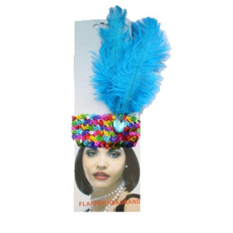 Adult Rainbow Sequin Headband with Turquoise Crystal and Feathers - The Base Warehouse