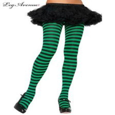 Womens Nylon Black/Kelly Green Stripe Tights - One Size Fits Most - The Base Warehouse