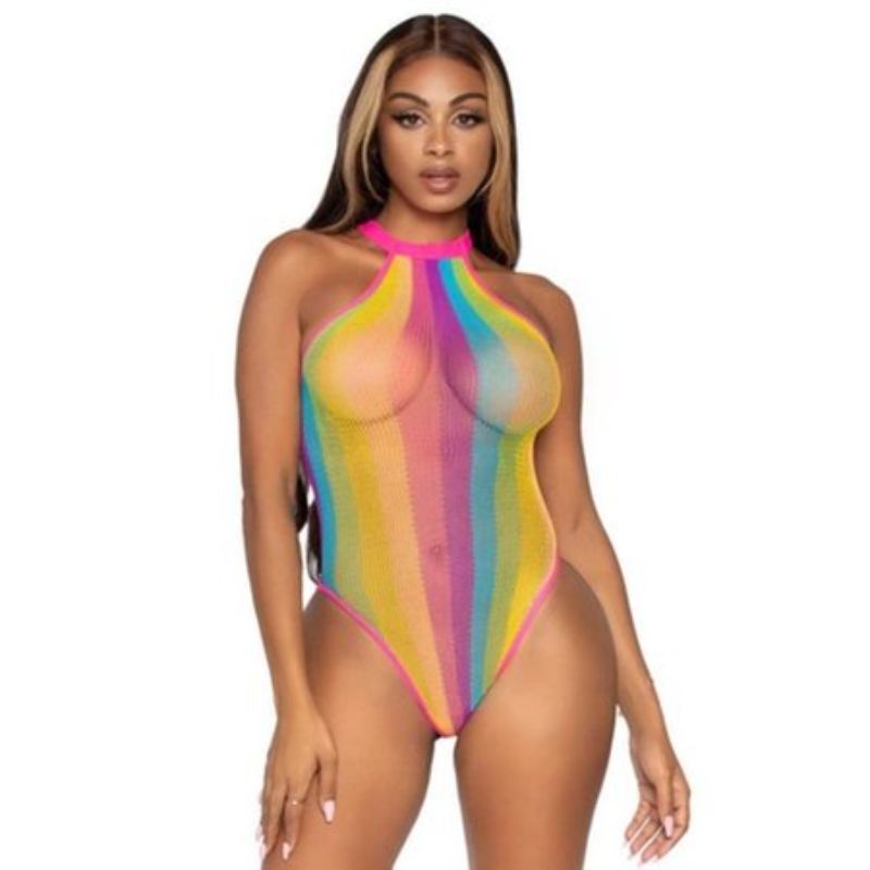 Rainbow Striped Halter Bodysuit with Snap Crotch - OS