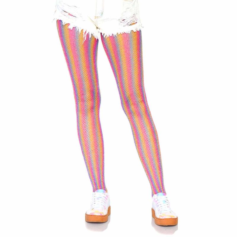 Coloured Lurex Shimmer Rainbow Striped Fishnet Tights - OS
