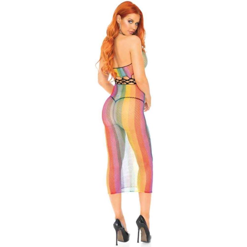 Rainbow Net Long Halter Dress with Cut Out Detail - OS