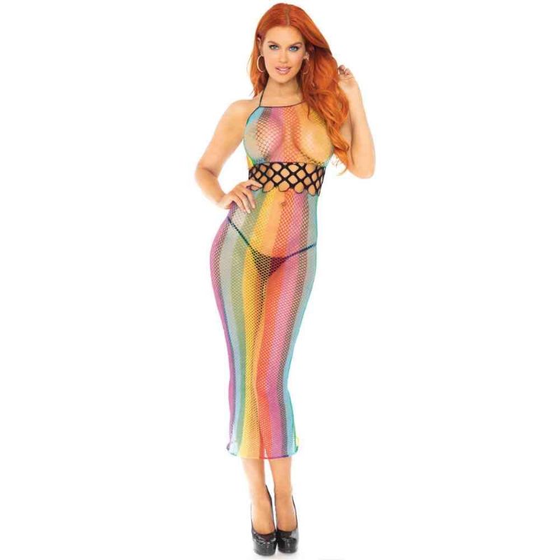 Rainbow Net Long Halter Dress with Cut Out Detail - OS
