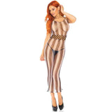 Load image into Gallery viewer, Black Striped Fishnet Long Halter Dress with Cut Out Detail - OS
