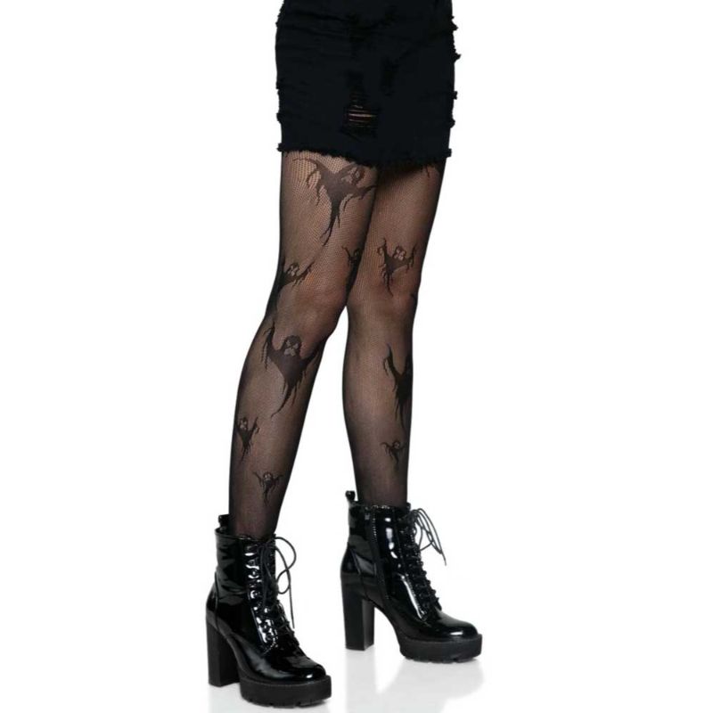 Womens Black Spooky Ghost Fishnet Tights