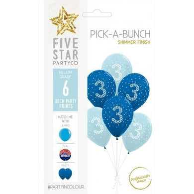 6 Pack 3rd Birthday Boy Shimmer Blue Latex Balloons - 30cm - The Base Warehouse