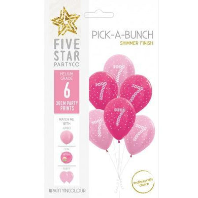 6 Pack 7th Birthday Girl Shimmer Pink Latex Balloons - 30cm - The Base Warehouse