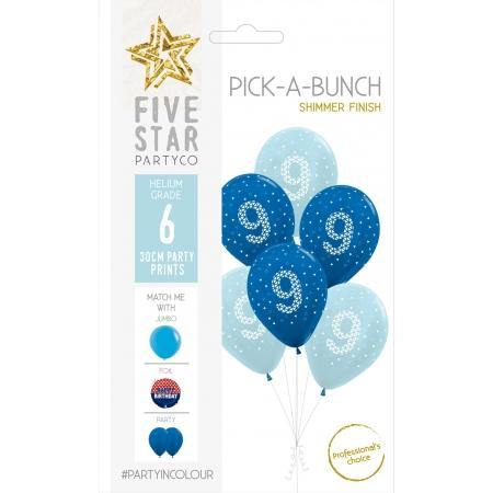 6 Pack 9th Birthday Boy Shimmer Blue Latex Balloons - 30cm