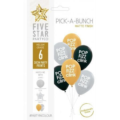6 Pack Pop Fizz Clink Shimmer Black/Silver/Gold Latex Balloons - 30cm - The Base Warehouse
