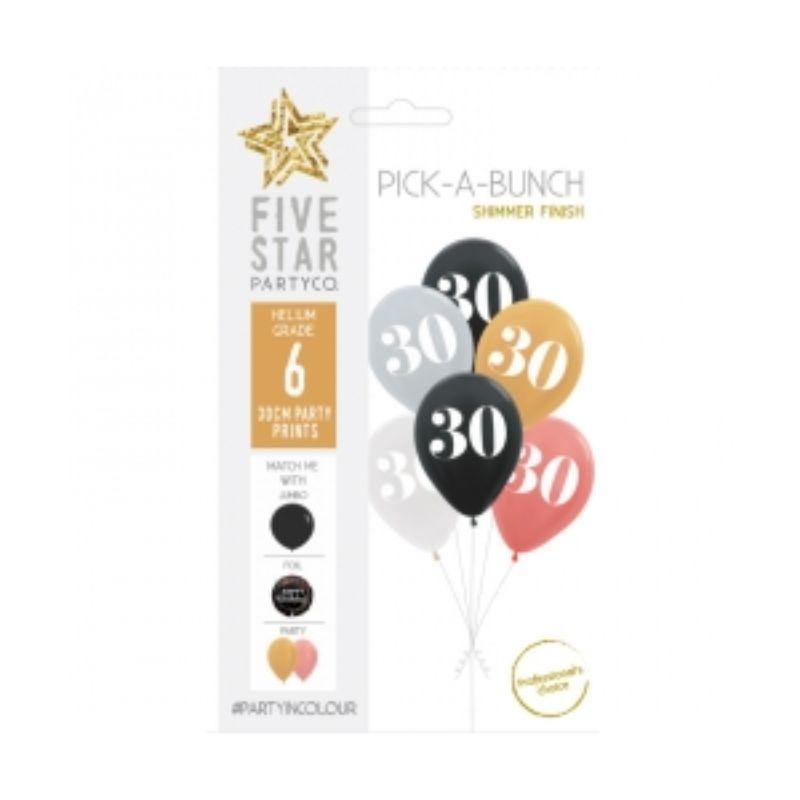 6 Pack Assorted 30th Birthday Balloons - 30cm - The Base Warehouse