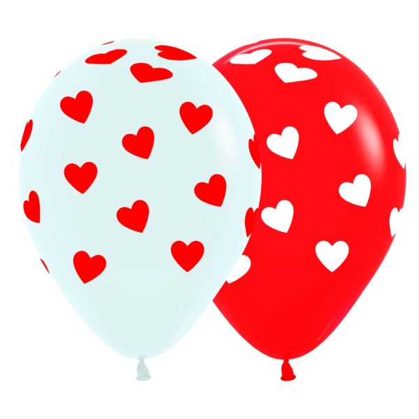 12 Pack Red & White Classic Hearts On Fashion Latex Balloons - 30cm