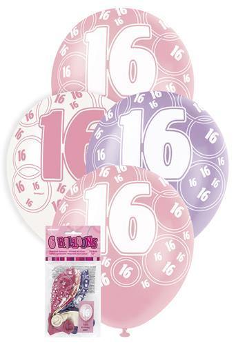 6 Pack 16th Glitz Pink Latex Balloons - 30cm