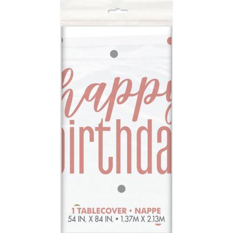 Rose Gold Happy Birthday Printed Tablecover 137cm x 213cm - The Base Warehouse