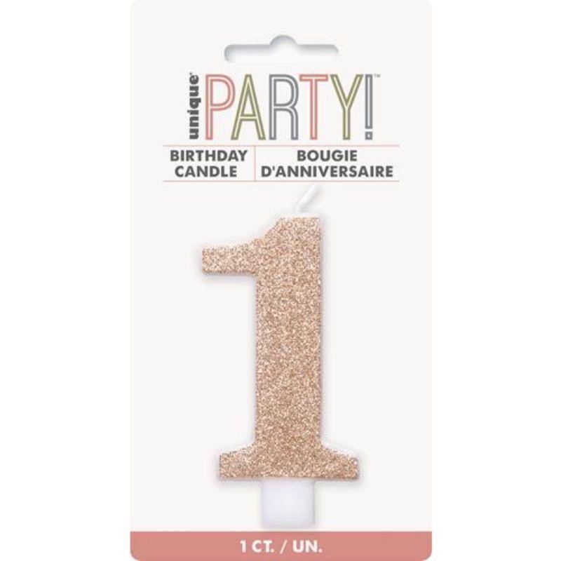 Glitter Rose Gold Numeral 1 Candle - The Base Warehouse