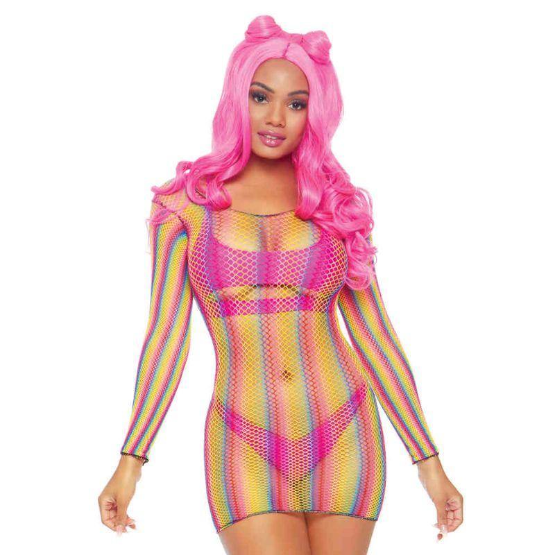 Womens Rainbow Long Sleeve Fishnet Mini Dress - The Base Warehouse