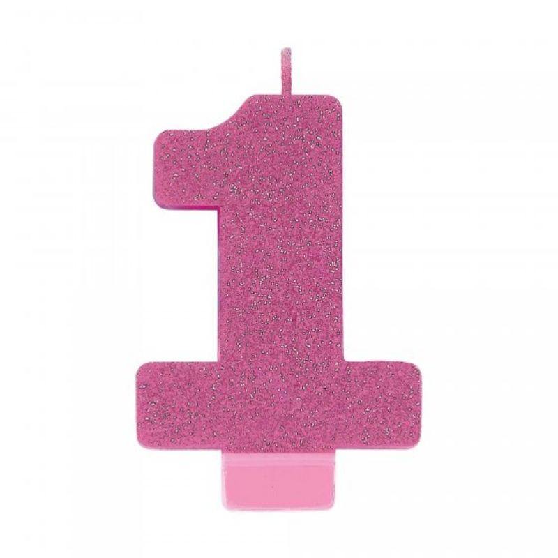 #1 Pink Glitter Numeral Candle - 8cm - The Base Warehouse