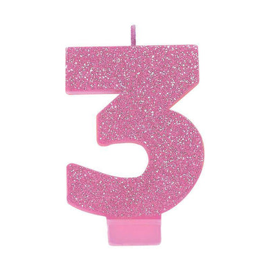 #3 Pink Glitter Numeral Candle - 8cm - The Base Warehouse