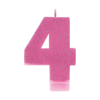 #4 Pink Glitter Numeral Candle - 8cm - The Base Warehouse