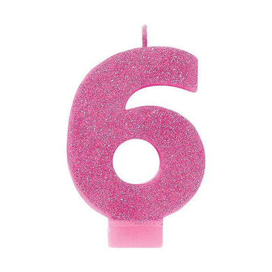Pink Glitter #6 Numeral Cnadle - 8cm - The Base Warehouse