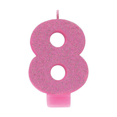 #8 Pink Glitter Numeral Candle - 8cm - The Base Warehouse