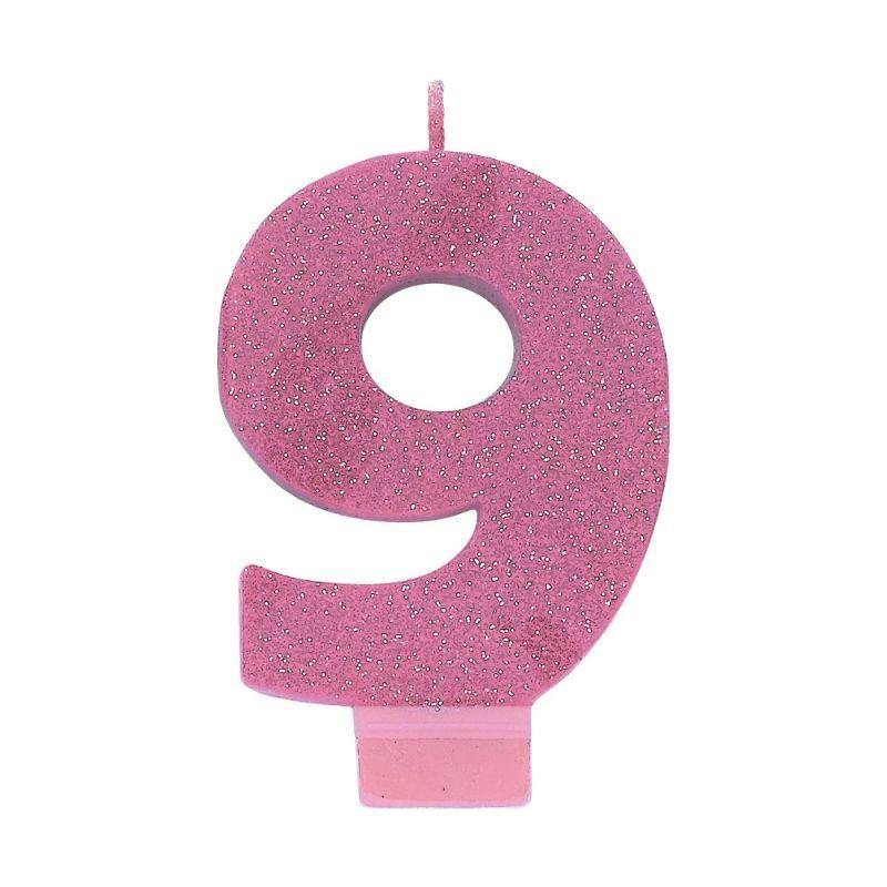 #9 Pink Glitter Numeral Candle - 8cm - The Base Warehouse