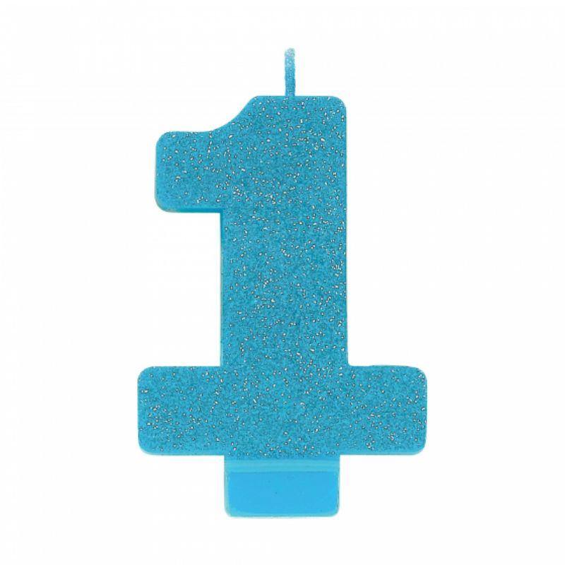 #1 Blue Glitter Numeral Candle - 8cm - The Base Warehouse