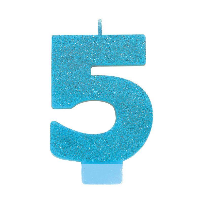 #5 Blue Glitter Numeral Candle - 8cm - The Base Warehouse