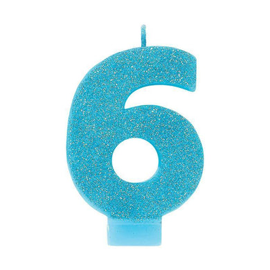 #6 Blue Glitter Numeral Candle - 8cm - The Base Warehouse