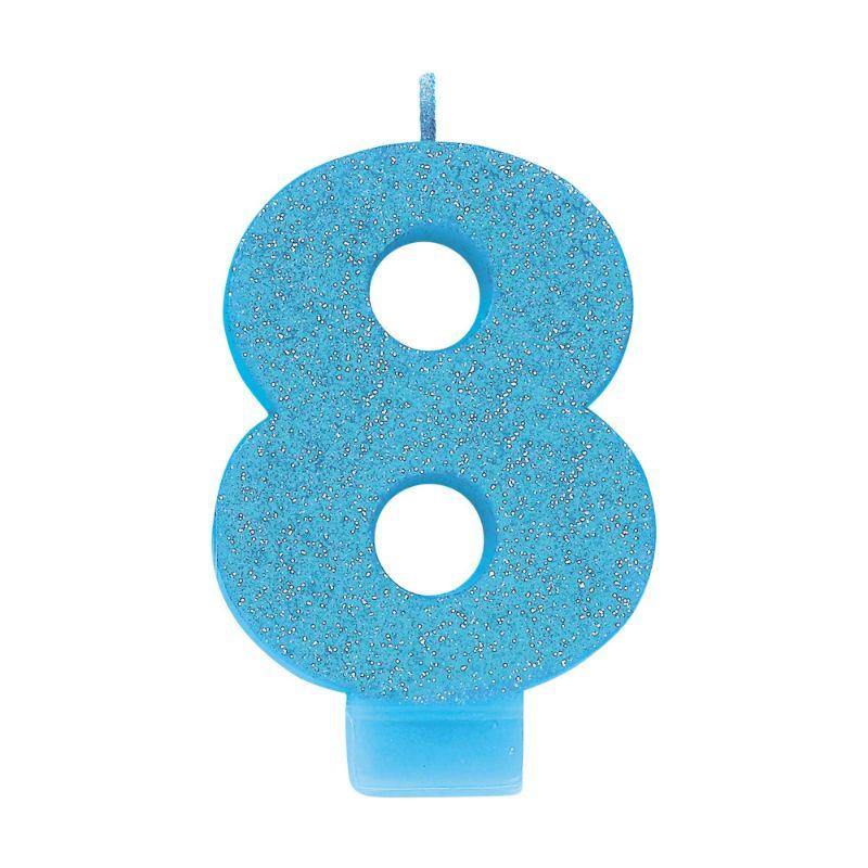 Blue Glitter Numeral #8 Candle - 8cm