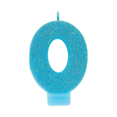 Blue Glitter #0 Numeral Cnadle - 8cm - The Base Warehouse