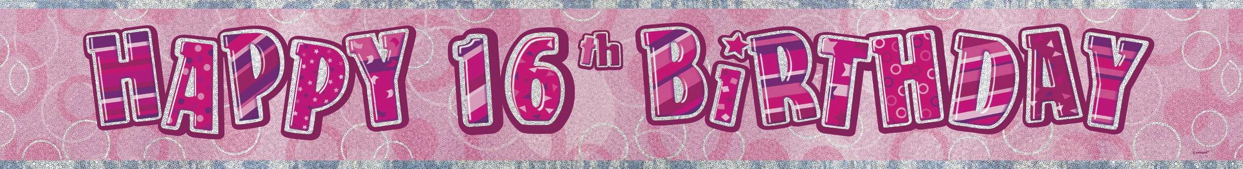 Glitz Pink Happy 16th Birthday Foil Banner - 3.6m - The Base Warehouse