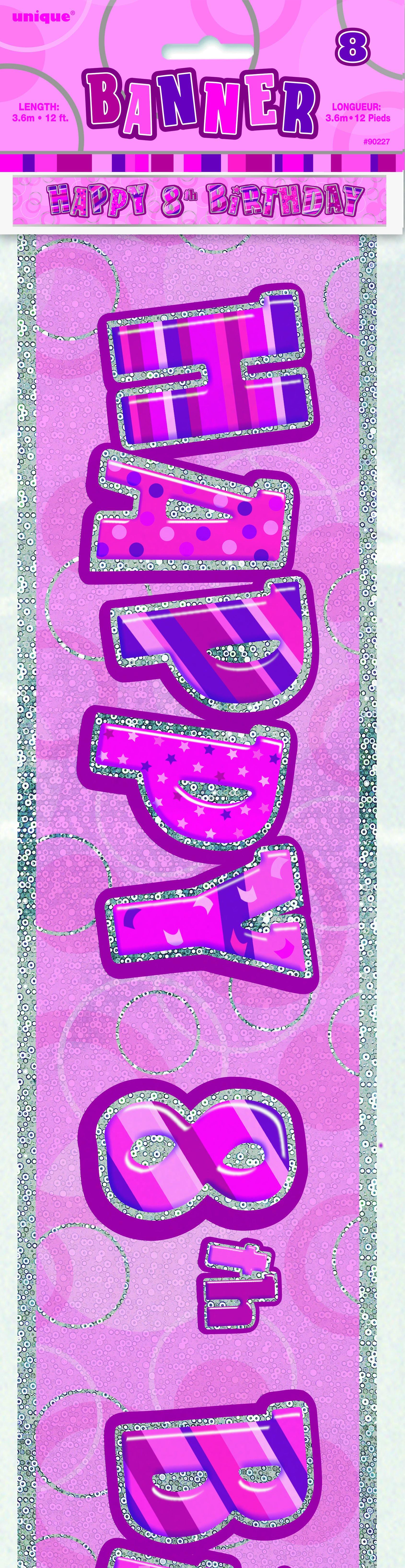 Glitz Pink Happy 8th Birthday Foil Banner - 3.6m - The Base Warehouse