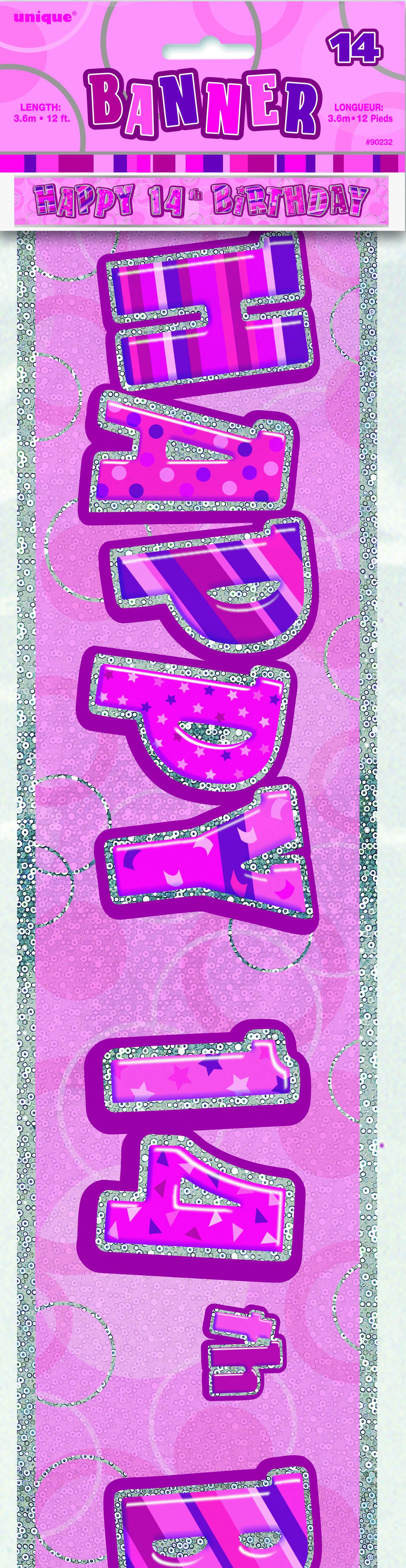 Glitz Pink Happy 14th Birthday Foil Banner - 3.6m