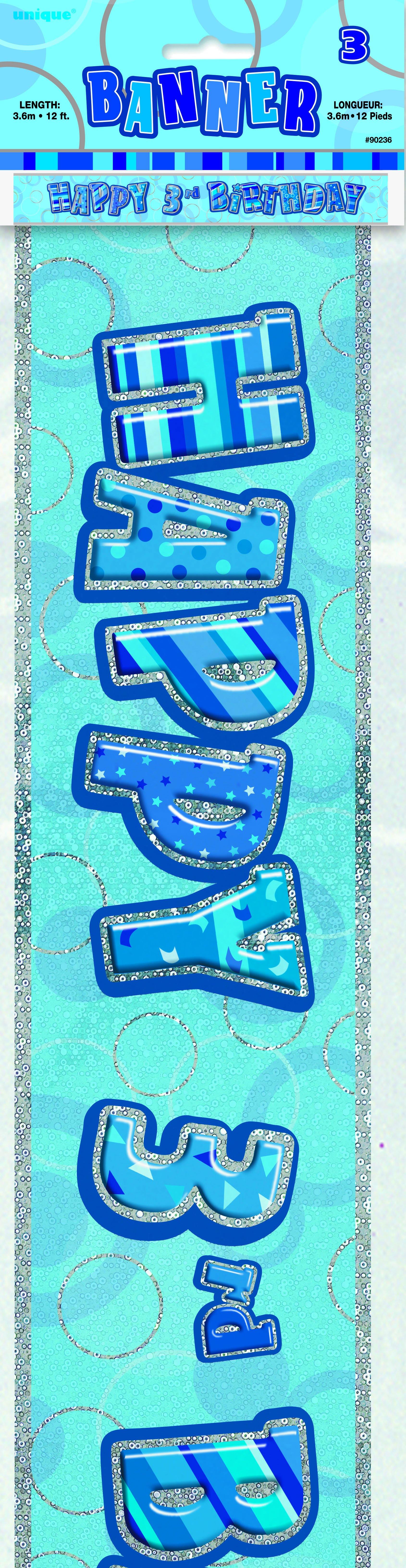 Glitz Blue Happy 3rd Birthday Foil Banner - 3.6m