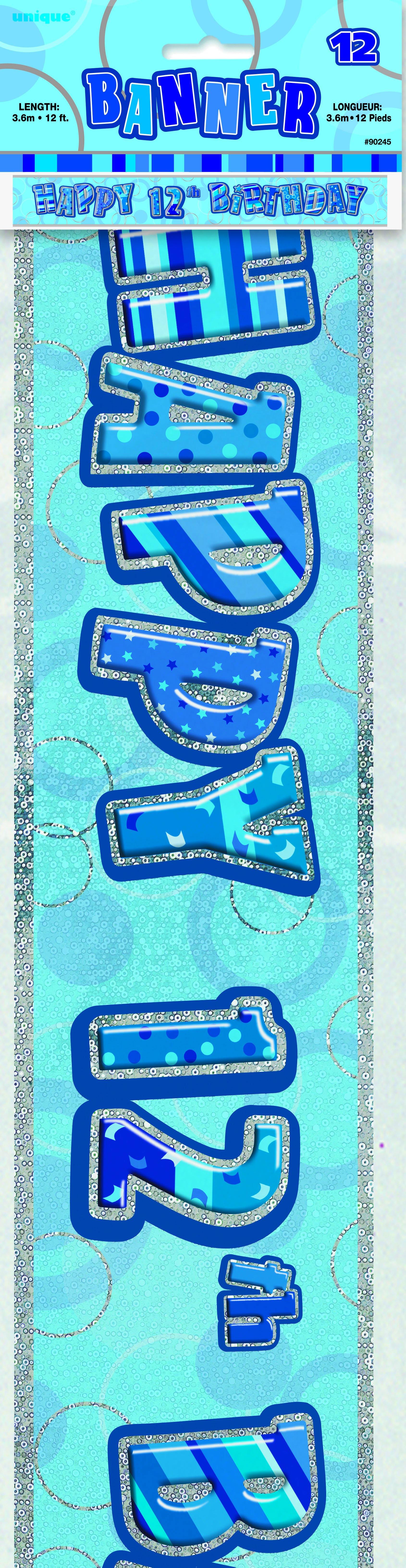 Glitz Blue Happy 12th Birthday Foil Banner - 3.6m - The Base Warehouse