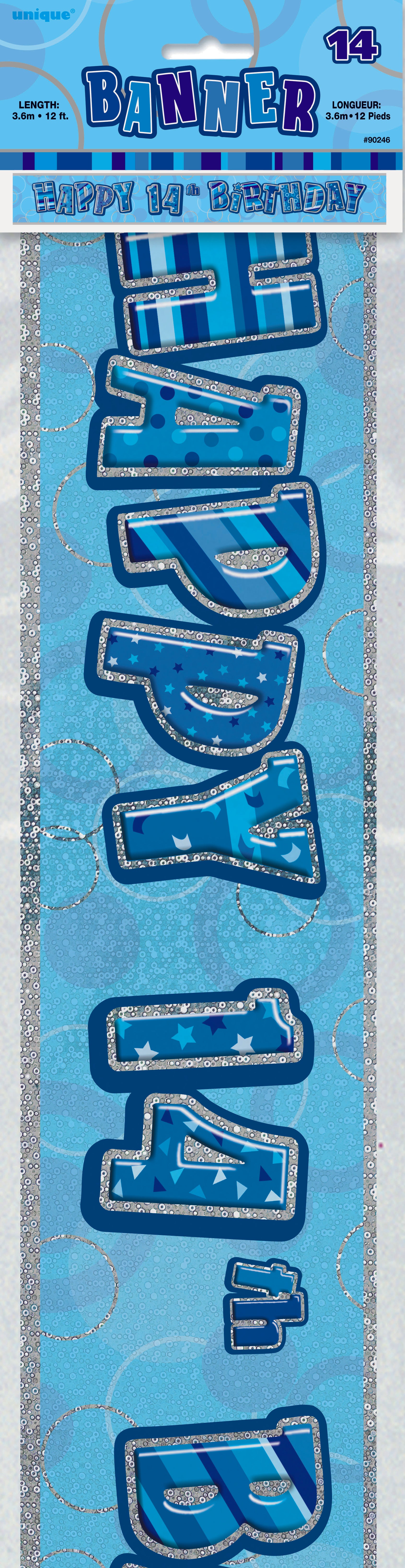 Glitz Blue Happy 14th Birthday Foil Banner - 3.6m