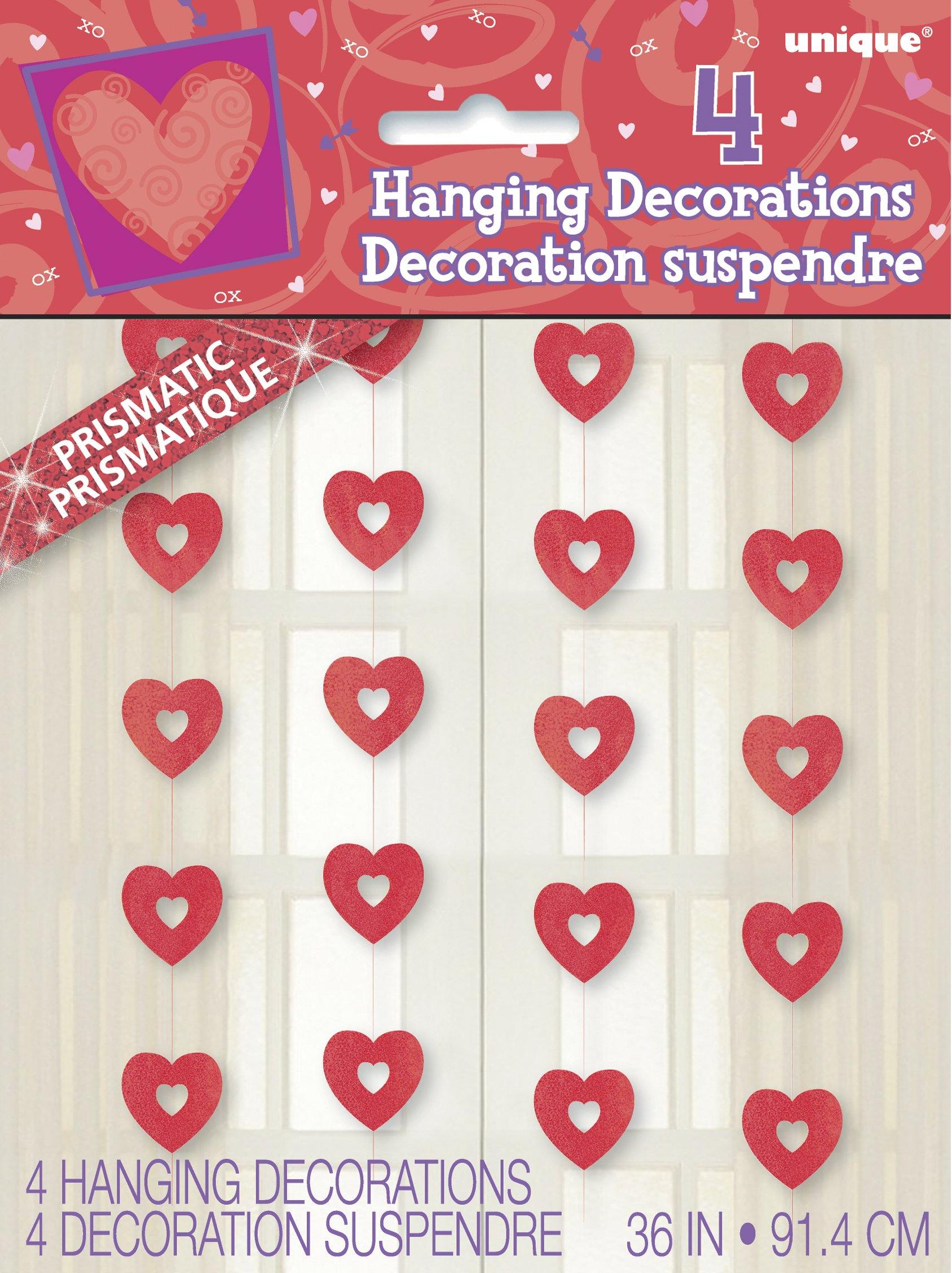 4 Pack Red Prismatic Hearts Hanging Decorations - 90cm