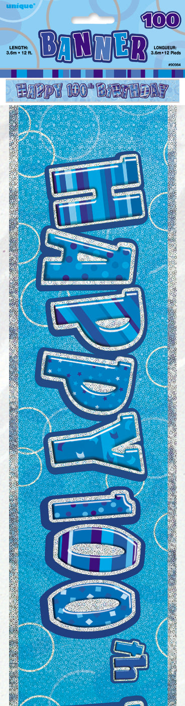 Glitz Blue Happy 100th Birthday Foil Banner - 3.6m