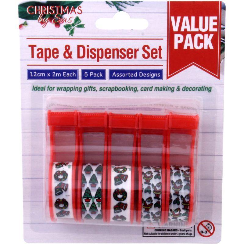 5 Pack Christmas Tape & Dispenser - 2m - The Base Warehouse