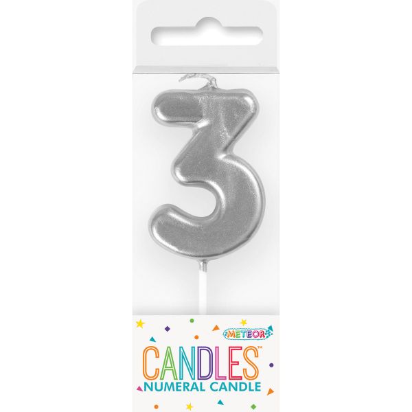 Mini Silver Numeral Pick 3 Birthday Candle - 8cm