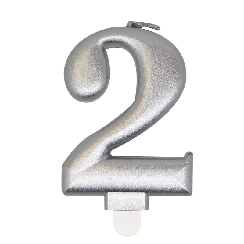 METALLIC SILVER BDAY CANDLE- NUMBER 2