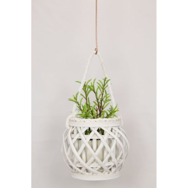 White Wicker Plant Holder with Glass Holder - 16cm