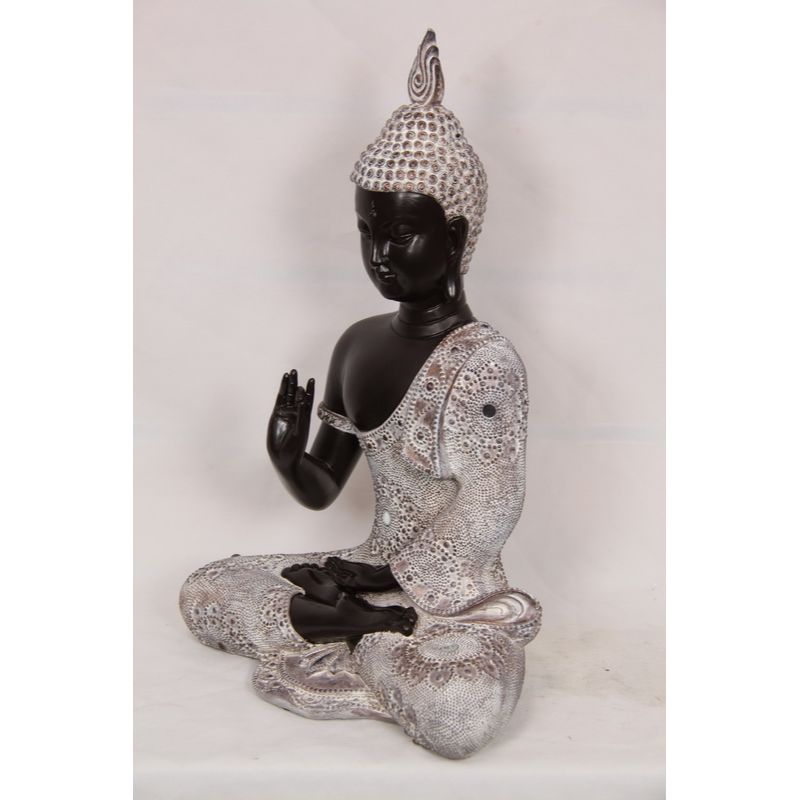 Black Buddha in Silver/Brown Boho Tribal Robes Meditating Pose Statue - 36cm