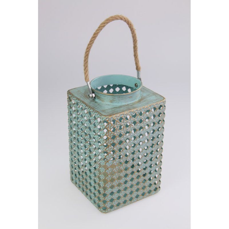 Duck Egg Blue Lantern with Brushed Gold Lantern Hanging Decor - 22cm