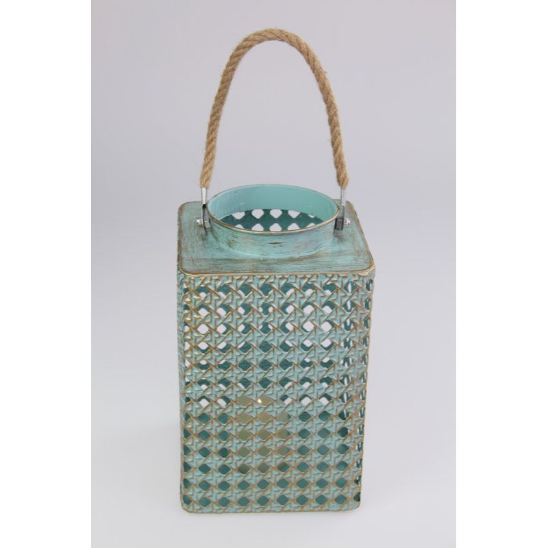 Duck Egg Blue Lantern with Brushed Gold Lantern Hanging Decor - 22cm