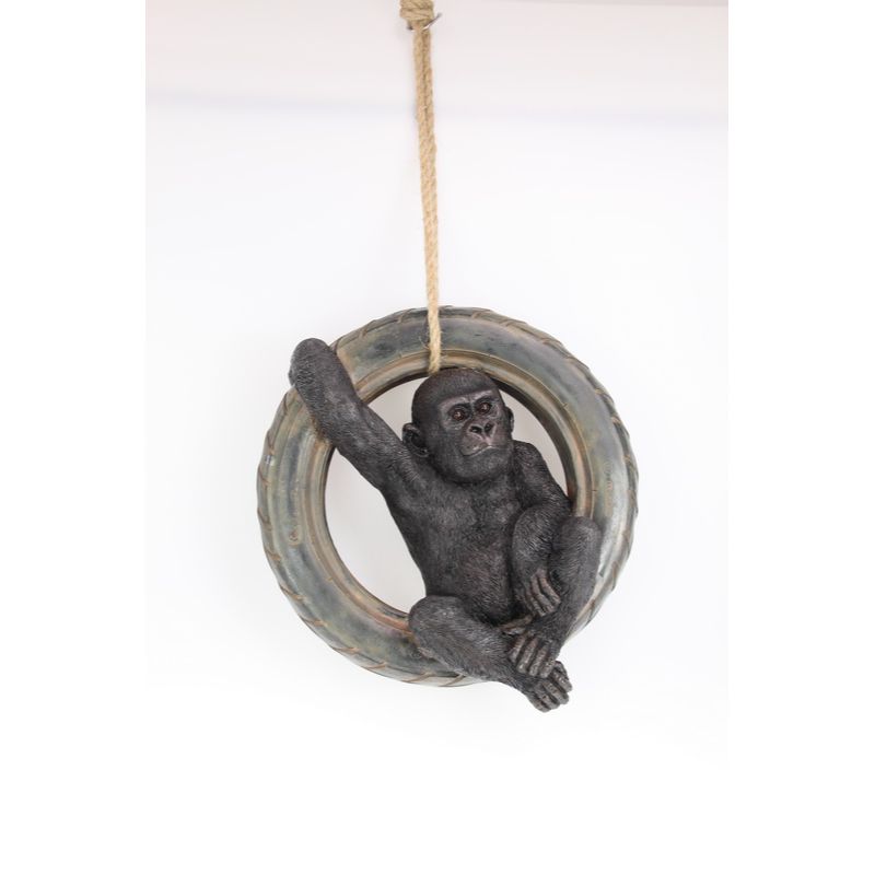 Gorilla Hanging in Tyre Swing Figurine Statue Garden Sculpture - 42cm