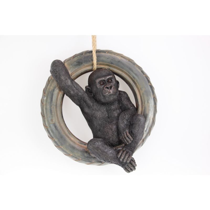 Gorilla Hanging in Tyre Swing Figurine Statue Garden Sculpture - 42cm