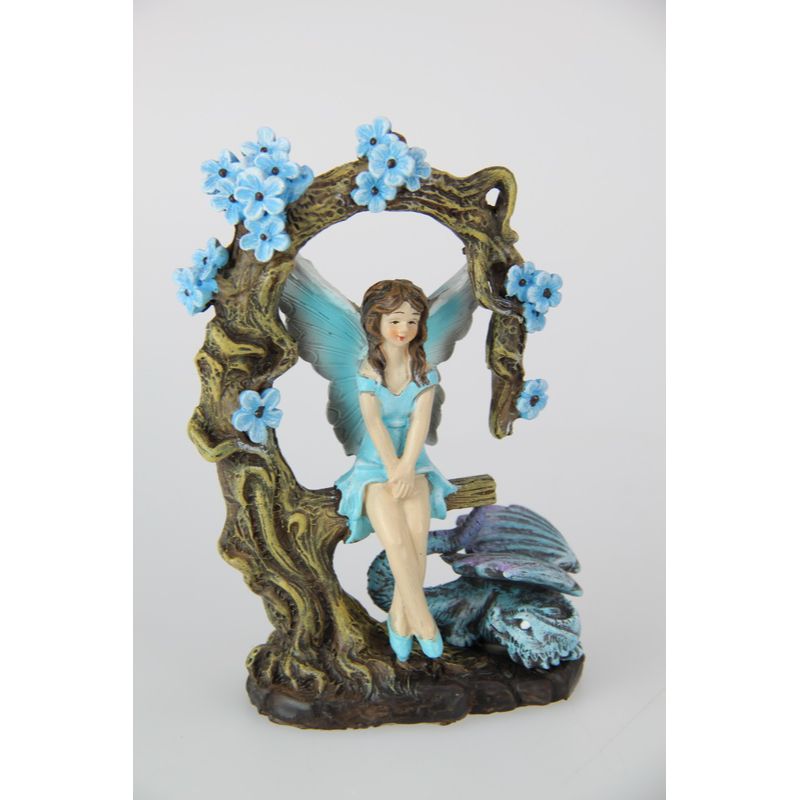 Fairy Sitting in Tree Branch with Pet Dragon Figurine Statue Garden Sculpture - 13cm