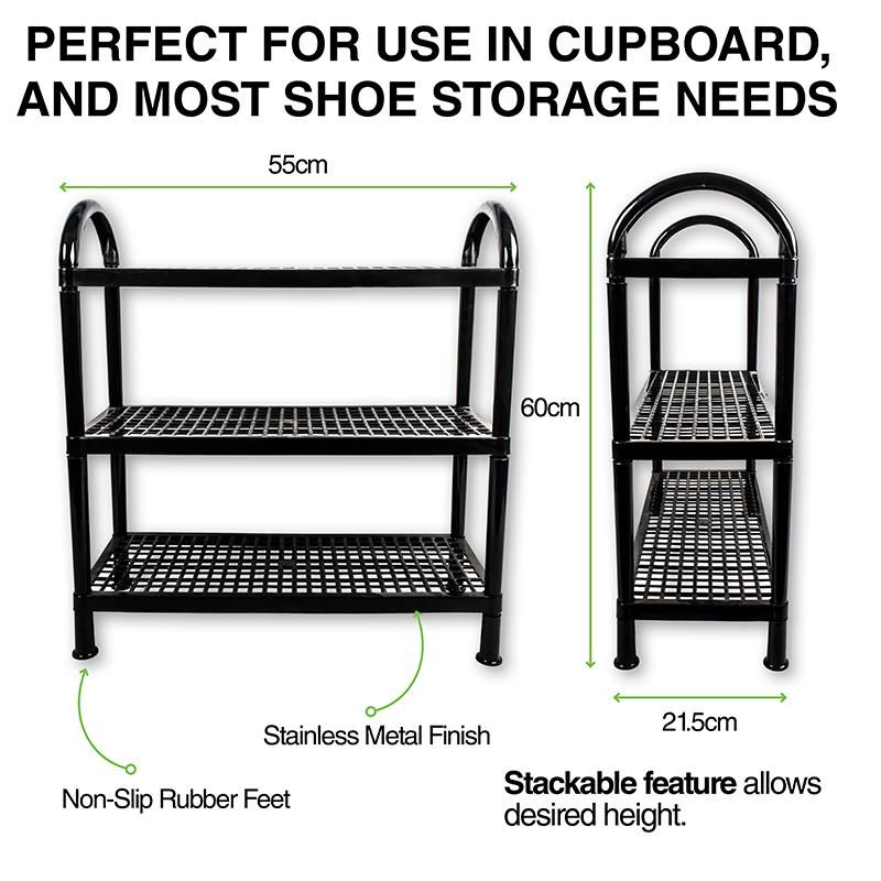 3 Tier Plastic Shoe Rack - 55cm x 60cm x 21.5cm
