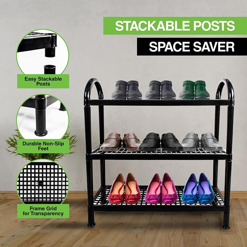 3 Tier Plastic Shoe Rack - 55cm x 60cm x 21.5cm