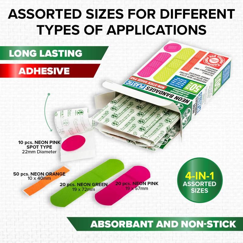 100 Pack Assorted Sized Neon Adhesive Bandages